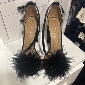 Black Chunky Heels with Feathered Pom-Pom